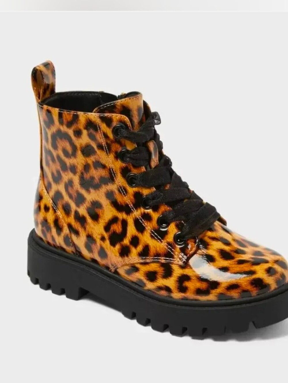 Kids Leopard Print Lace-Up Combat Boot - Black & Orange - Size 5